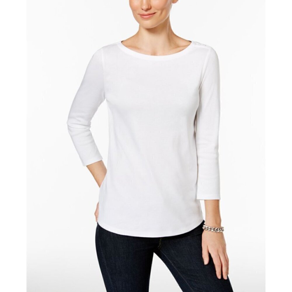 Charter Club Petite XL White Pima Cotton Button-Shoulder 3/4 Sleeve Top NWOT